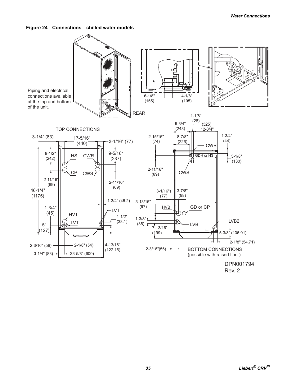 Figure 24 connections—chilled water models | Emerson Liebert CRV 1 2 3 4 5 6 7 8 9 10 11 12 13 14 15 16 17 18 19 20 21 22 23 24 25 C R 0 2 0 R A 1 C 7 S D 1 8 1 1 E L 1 0 P A User Manual | Page 43 / 140