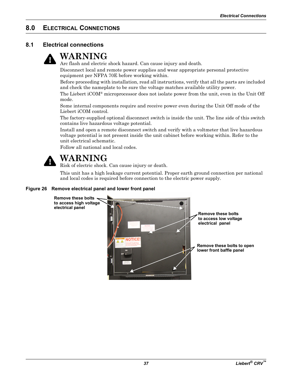 0 electrical connections, 1 electrical connections, Lectrical | Onnections, Electrical connections, Warning | Emerson Liebert CRV 1 2 3 4 5 6 7 8 9 10 11 12 13 14 15 16 17 18 19 20 21 22 23 24 25 C R 0 2 0 R A 1 C 7 S D 1 8 1 1 E L 1 0 P A User Manual | Page 45 / 140