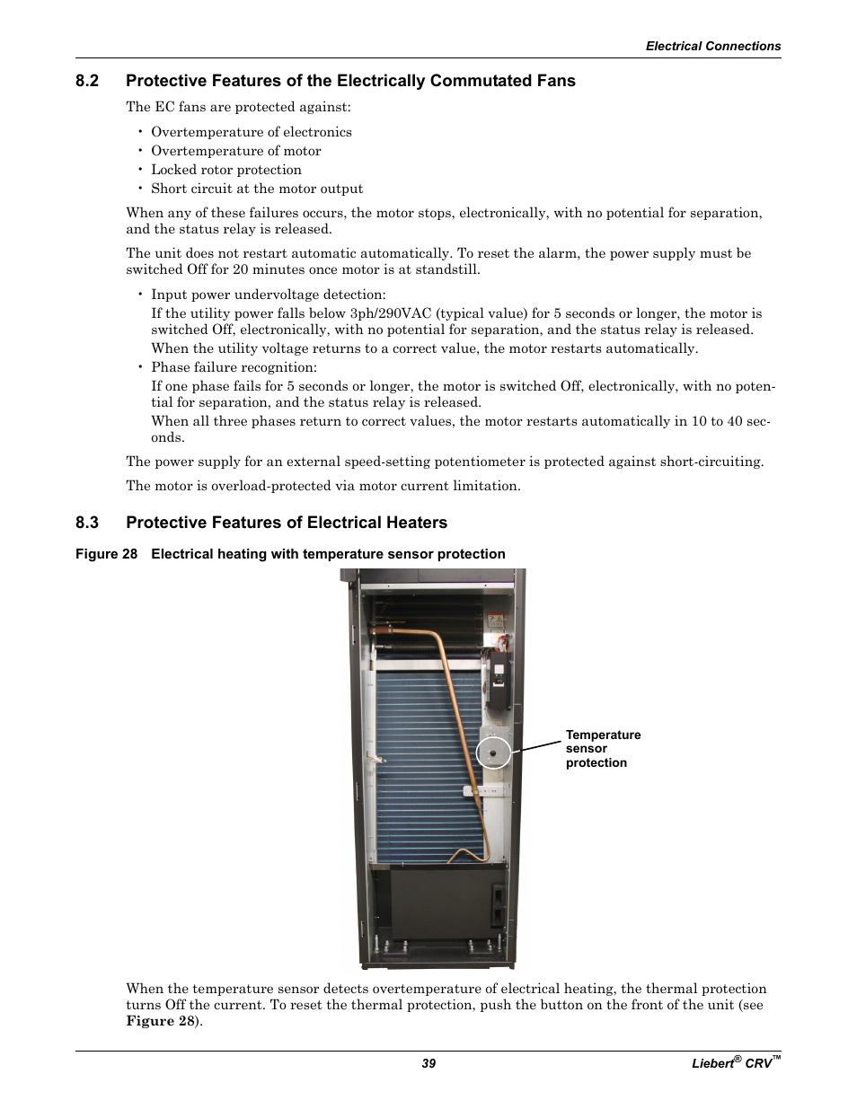 3 protective features of electrical heaters, Protective features of electrical heaters | Emerson Liebert CRV 1 2 3 4 5 6 7 8 9 10 11 12 13 14 15 16 17 18 19 20 21 22 23 24 25 C R 0 2 0 R A 1 C 7 S D 1 8 1 1 E L 1 0 P A User Manual | Page 47 / 140