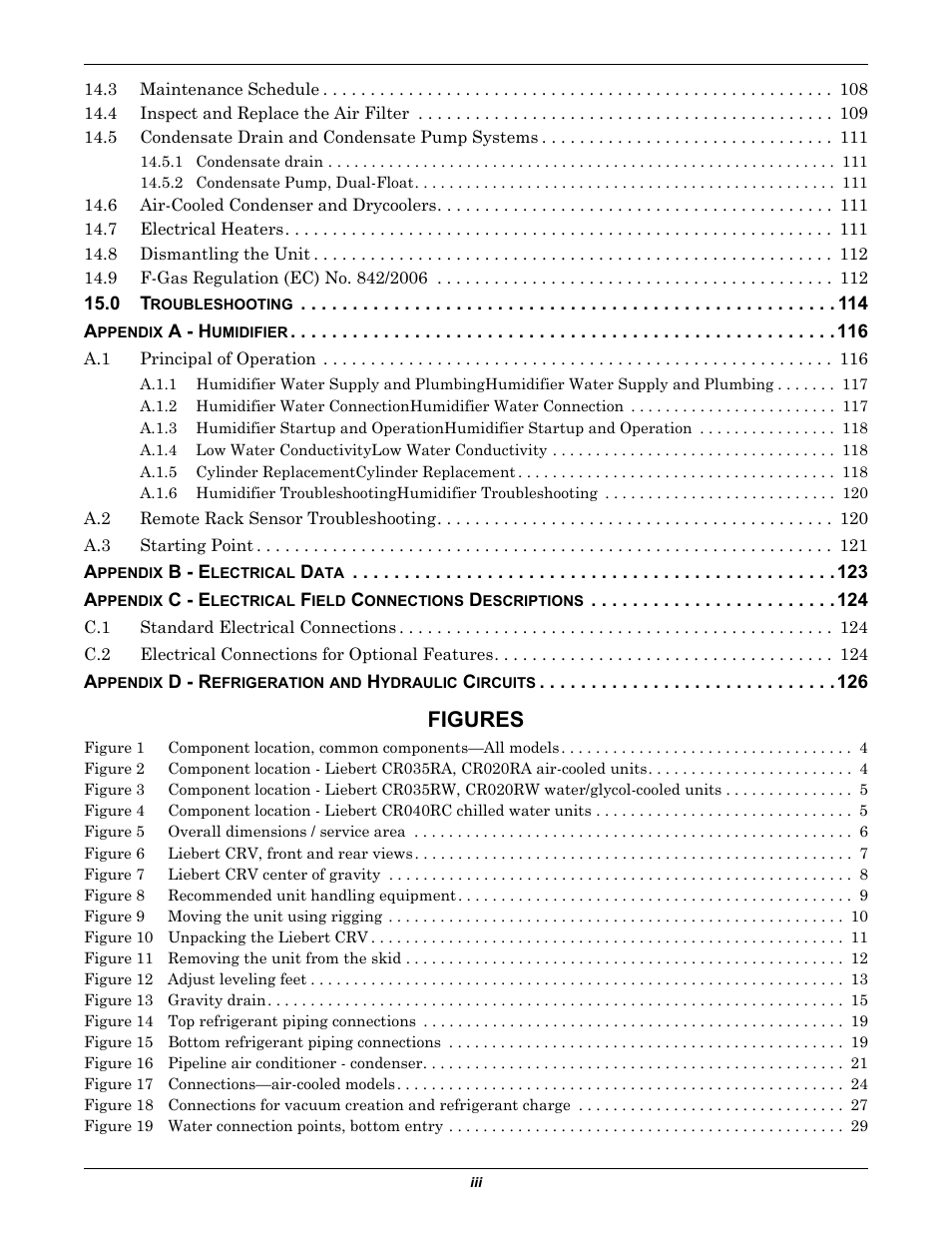 Figures | Emerson Liebert CRV 1 2 3 4 5 6 7 8 9 10 11 12 13 14 15 16 17 18 19 20 21 22 23 24 25 C R 0 2 0 R A 1 C 7 S D 1 8 1 1 E L 1 0 P A User Manual | Page 5 / 140