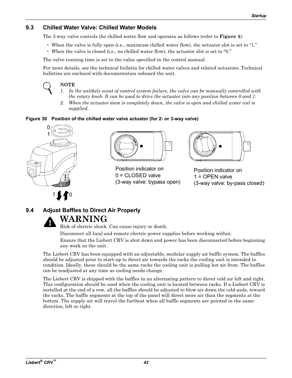 3 chilled water valve: chilled water models, 4 adjust baffles to direct air properly, Chilled water valve: chilled water models | Adjust baffles to direct air properly, Warning | Emerson Liebert CRV 1 2 3 4 5 6 7 8 9 10 11 12 13 14 15 16 17 18 19 20 21 22 23 24 25 C R 0 2 0 R A 1 C 7 S D 1 8 1 1 E L 1 0 P A User Manual | Page 50 / 140