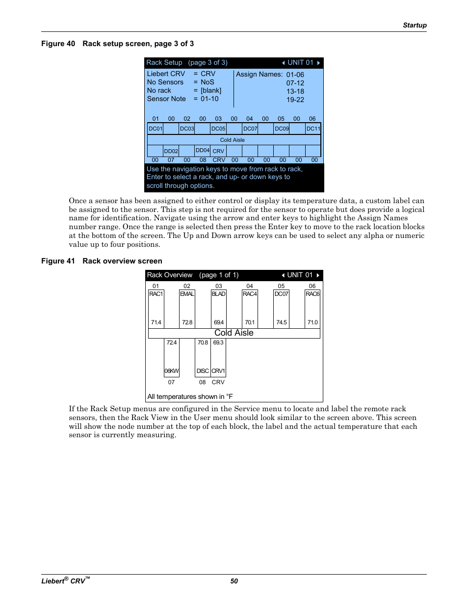 Figure 41 rack overview screen, Cold aisle | Emerson Liebert CRV 1 2 3 4 5 6 7 8 9 10 11 12 13 14 15 16 17 18 19 20 21 22 23 24 25 C R 0 2 0 R A 1 C 7 S D 1 8 1 1 E L 1 0 P A User Manual | Page 58 / 140