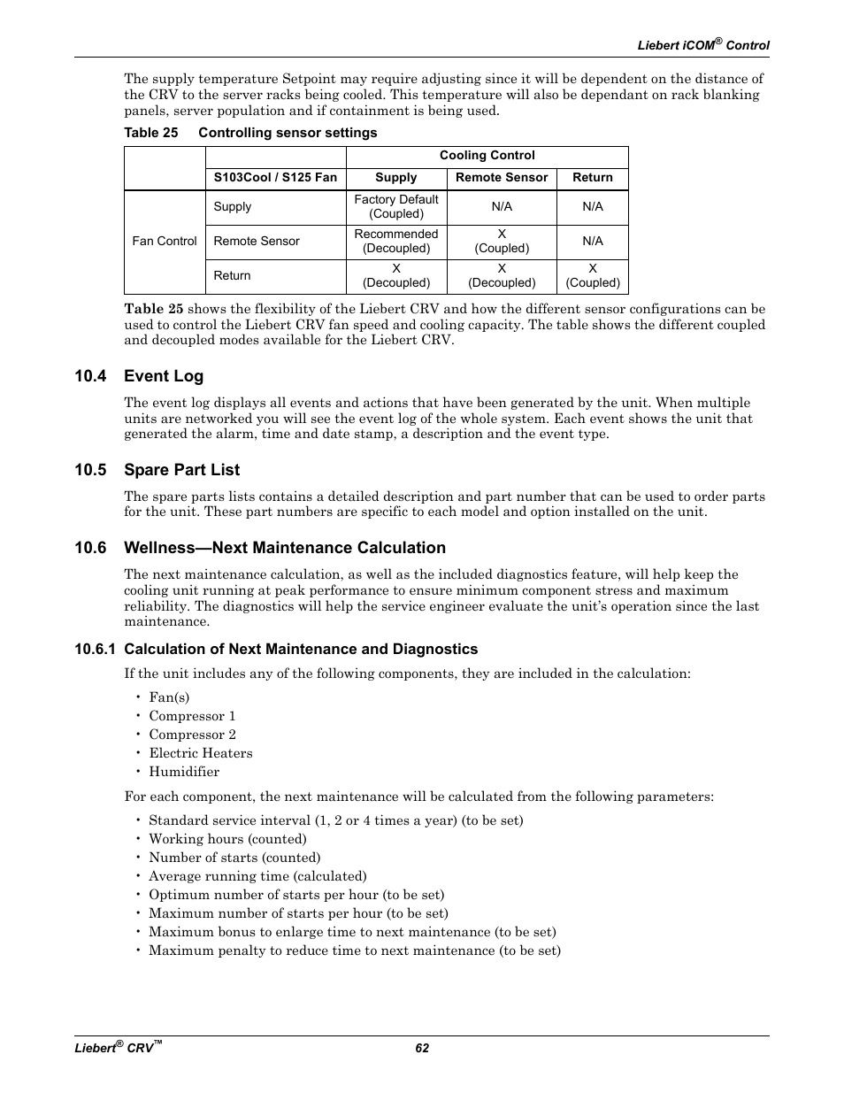 Table 25 controlling sensor settings, 4 event log, 5 spare part list | 6 wellness—next maintenance calculation, 1 calculation of next maintenance and diagnostics, Event log, Spare part list, Wellness—next maintenance calculation, Table 25, Controlling sensor settings | Emerson Liebert CRV 1 2 3 4 5 6 7 8 9 10 11 12 13 14 15 16 17 18 19 20 21 22 23 24 25 C R 0 2 0 R A 1 C 7 S D 1 8 1 1 E L 1 0 P A User Manual | Page 70 / 140
