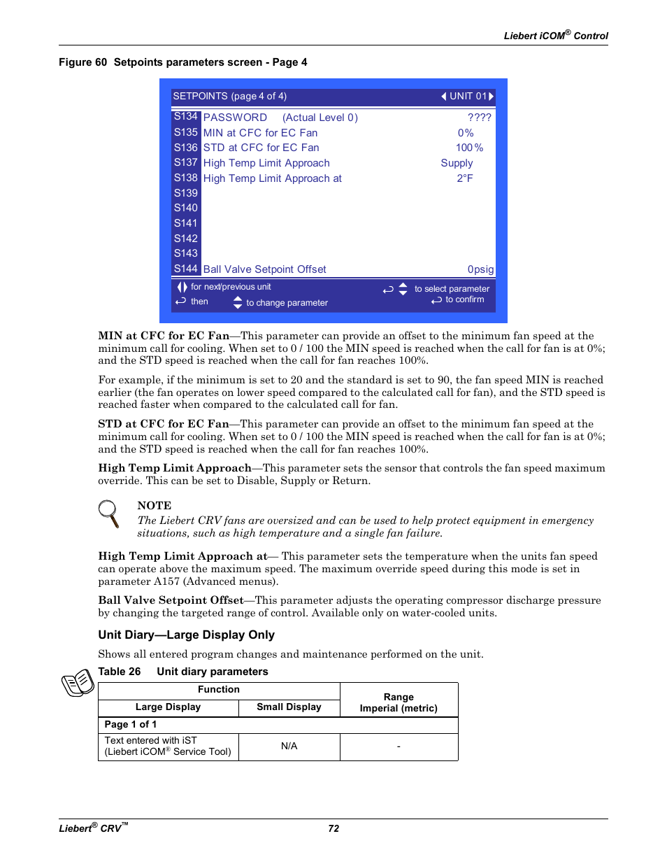 Unit diary—large display only, Table 26 unit diary parameters, Table 26 | Unit diary parameters | Emerson Liebert CRV 1 2 3 4 5 6 7 8 9 10 11 12 13 14 15 16 17 18 19 20 21 22 23 24 25 C R 0 2 0 R A 1 C 7 S D 1 8 1 1 E L 1 0 P A User Manual | Page 80 / 140