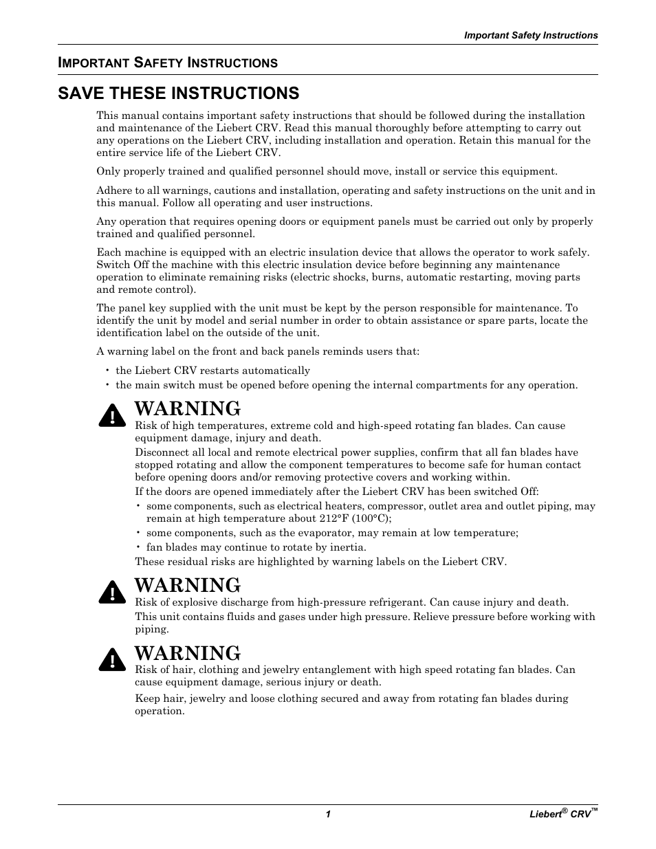 Important safety instructions, Save these instructions, Warning | Emerson Liebert CRV 1 2 3 4 5 6 7 8 9 10 11 12 13 14 15 16 17 18 19 20 21 22 23 24 25 C R 0 2 0 R A 1 C 7 S D 1 8 1 1 E L 1 0 P A User Manual | Page 9 / 140