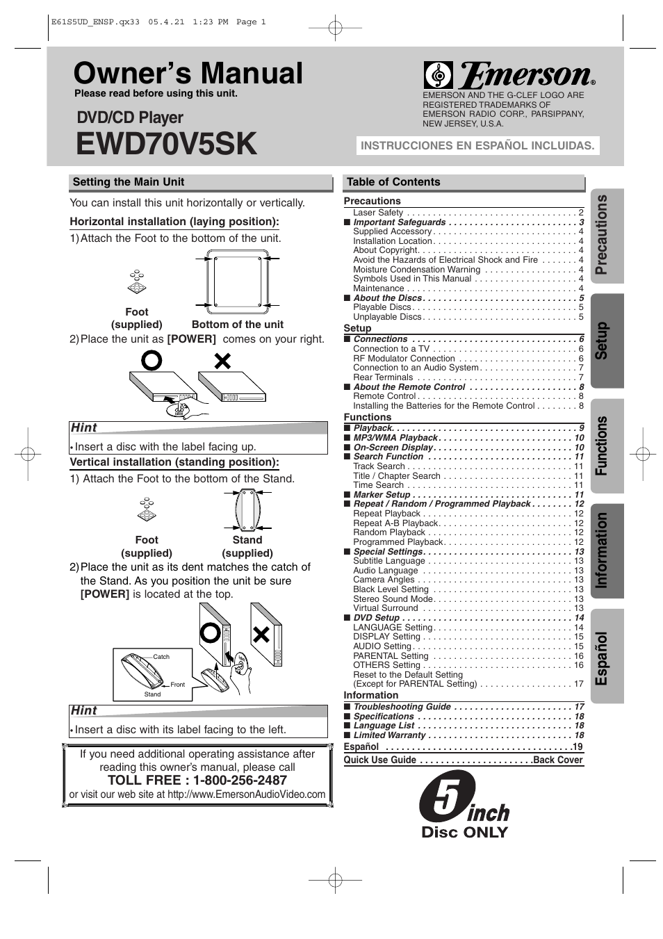 Emerson EWD70V5SK User Manual | 20 pages