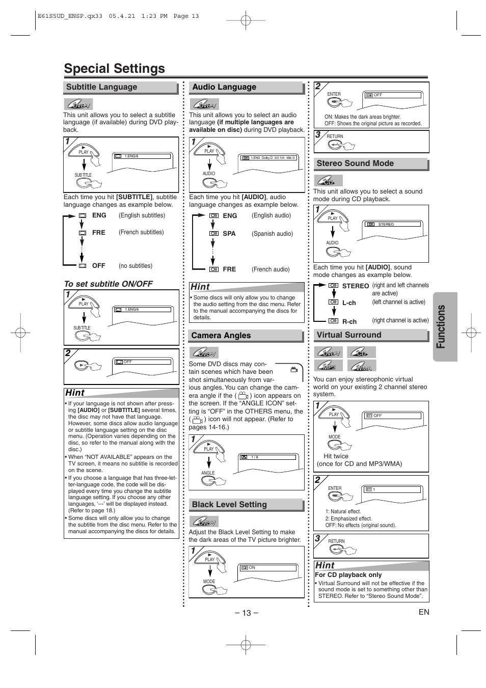 Special settings, Functions, Hint | Audio language, Stereo sound mode camera angles, Subtitle language, Black level setting, Virtual surround | Emerson EWD70V5SK User Manual | Page 13 / 20