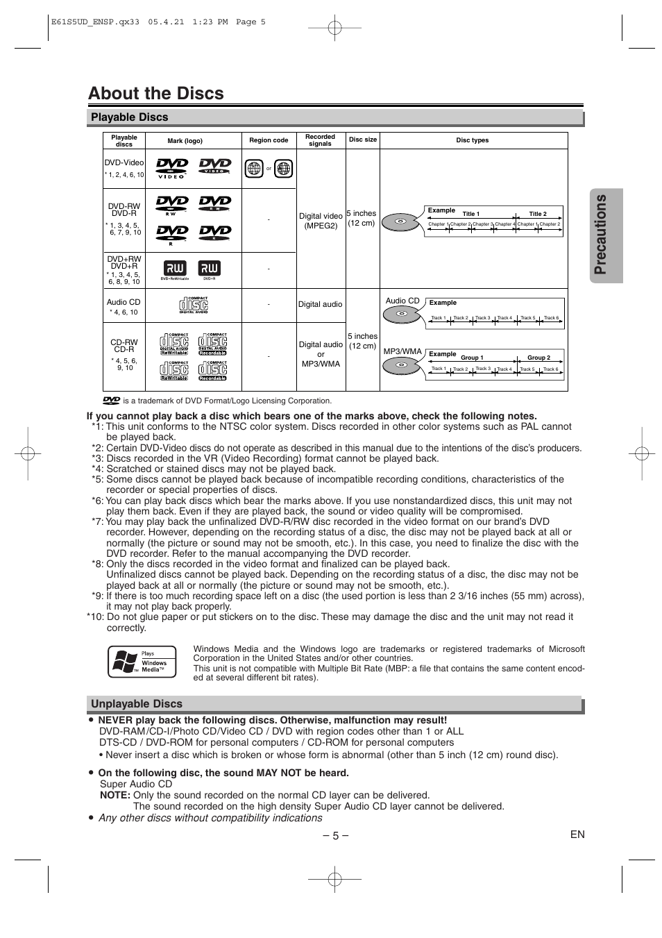 About the discs, Precautions, Playable discs | Unplayable discs, Any other discs without compatibility indications | Emerson EWD70V5SK User Manual | Page 5 / 20