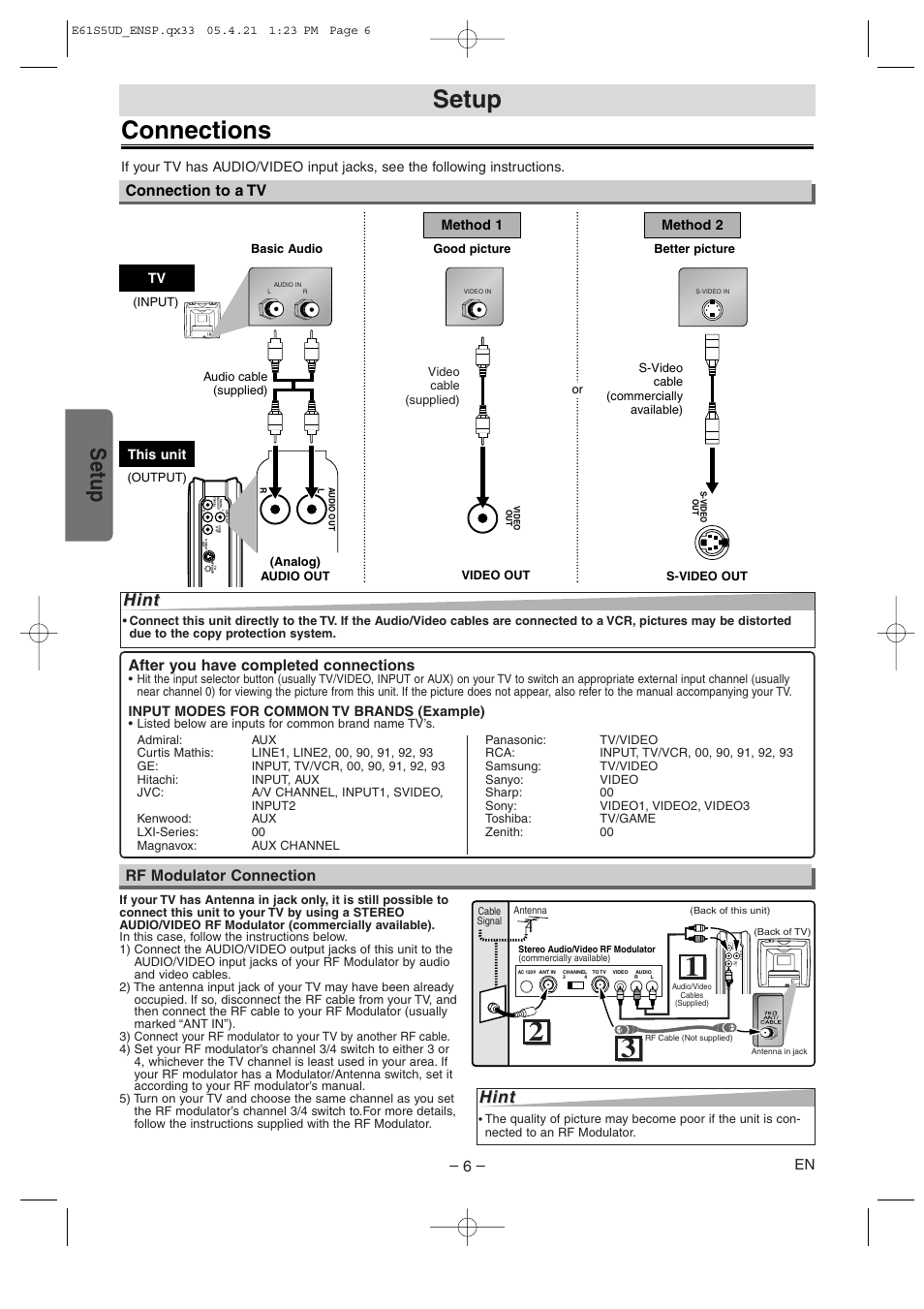 Connections, Setup, Hint | Connection to a tv, After you have completed connections, Rf modulator connection | Emerson EWD70V5SK User Manual | Page 6 / 20