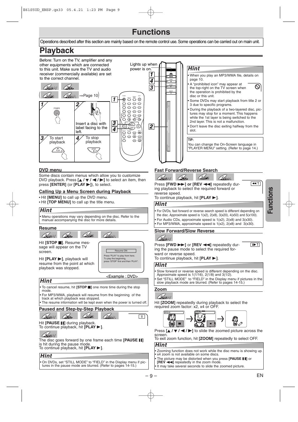 Playback, Functions, Hint | Emerson EWD70V5SK User Manual | Page 9 / 20