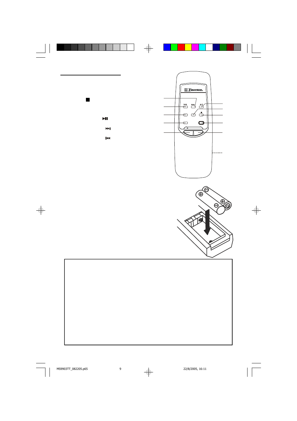 Remote control, Battery precautions | Emerson Radio MS9903TT User Manual | Page 10 / 31