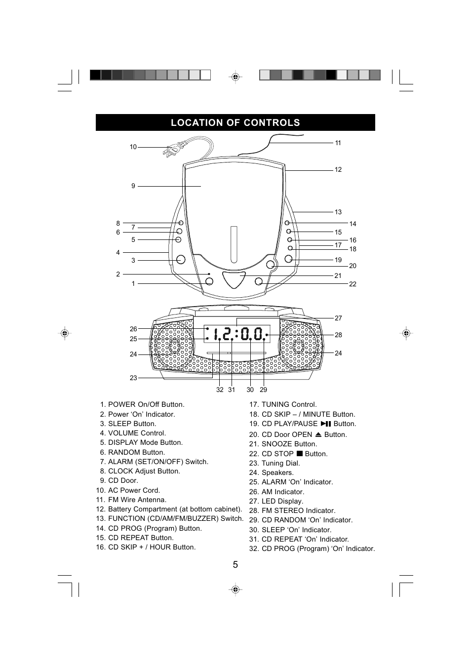 5location of controls | Emerson Radio CKD9907 User Manual | Page 6 / 17