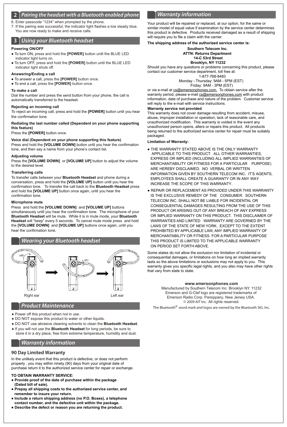 Em250_side2, Warranty information, Wearing your bluetooth headset | Using your bluetooth headset 3, Product maintenance, Pairing the headset with a bluetooth enabled phone, 90 day limited warranty | Emerson EM-250 User Manual | Page 2 / 2