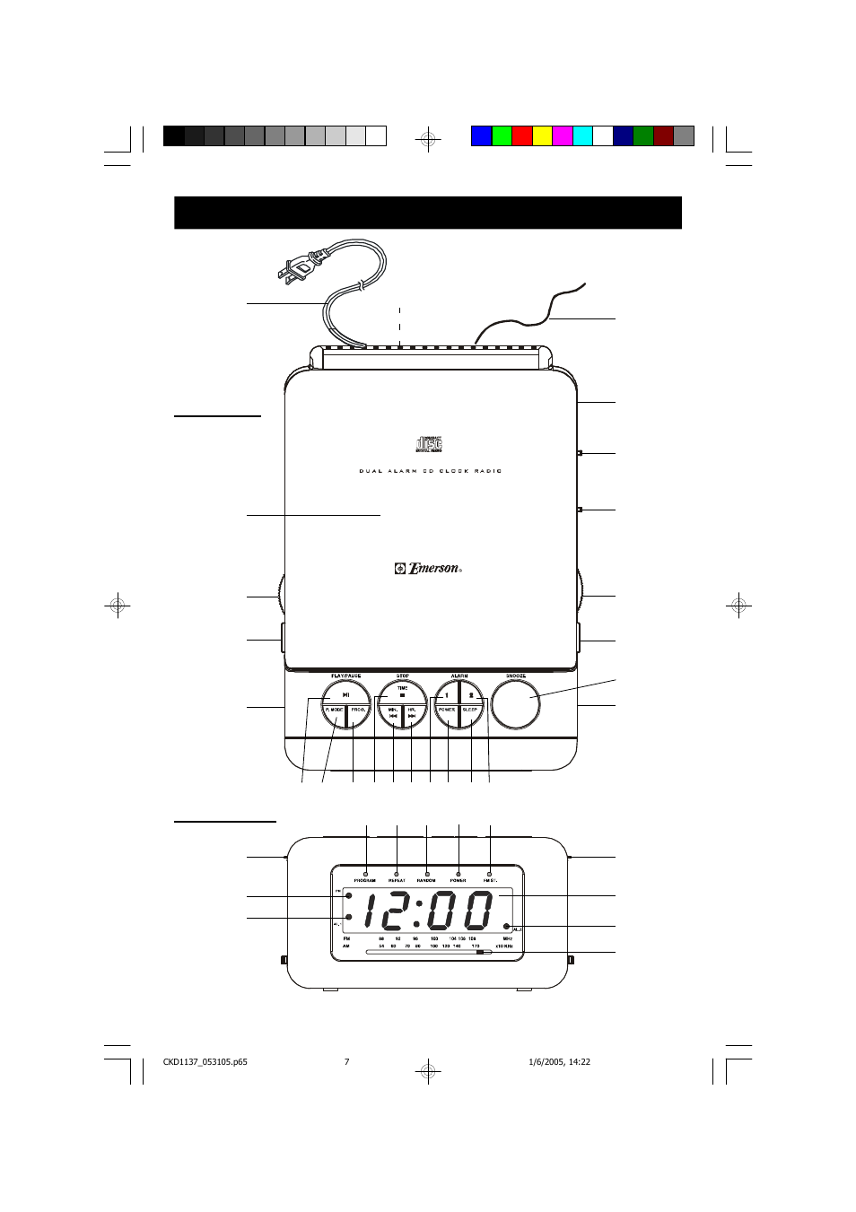 Location of controls and indicators, Top panel front panel | Emerson Radio CKD1137 User Manual | Page 8 / 27