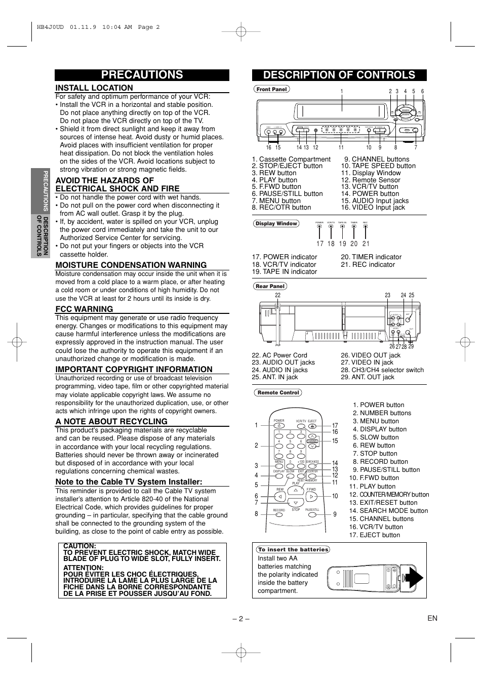 Precautions, Description of controls, Install location | Avoid the hazards of electrical shock and fire, Moisture condensation warning, Fcc warning, Important copyright information, 2 – en | Emerson EWV601A User Manual | Page 2 / 8