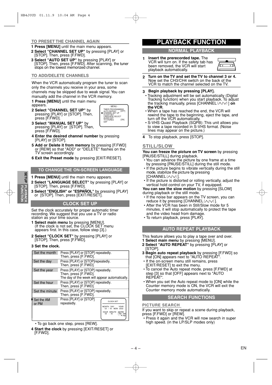 Playback function, Clock set up, Still/slow | Auto repeat playback search functions, Normal playback | Emerson EWV601A User Manual | Page 4 / 8