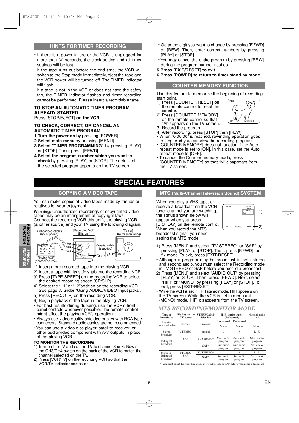 Special features, Mts recording/monitor mode, System | Copying a video tape, Hints for timer recording, 6 – en | Emerson EWV601A User Manual | Page 6 / 8