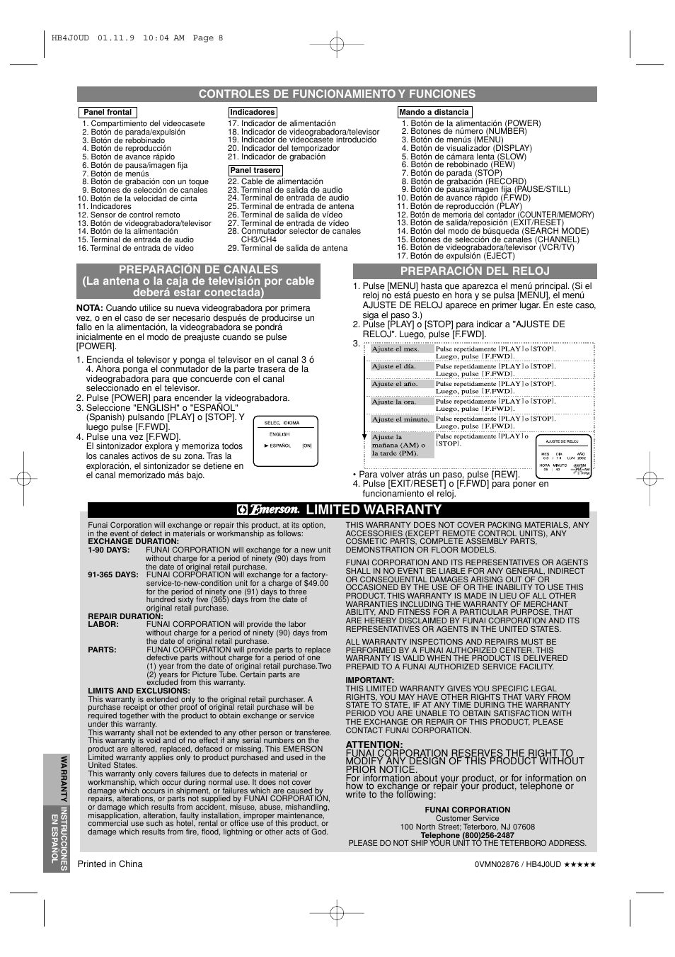 Limited warranty, Controles de funcionamiento y funciones | Emerson EWV601A User Manual | Page 8 / 8