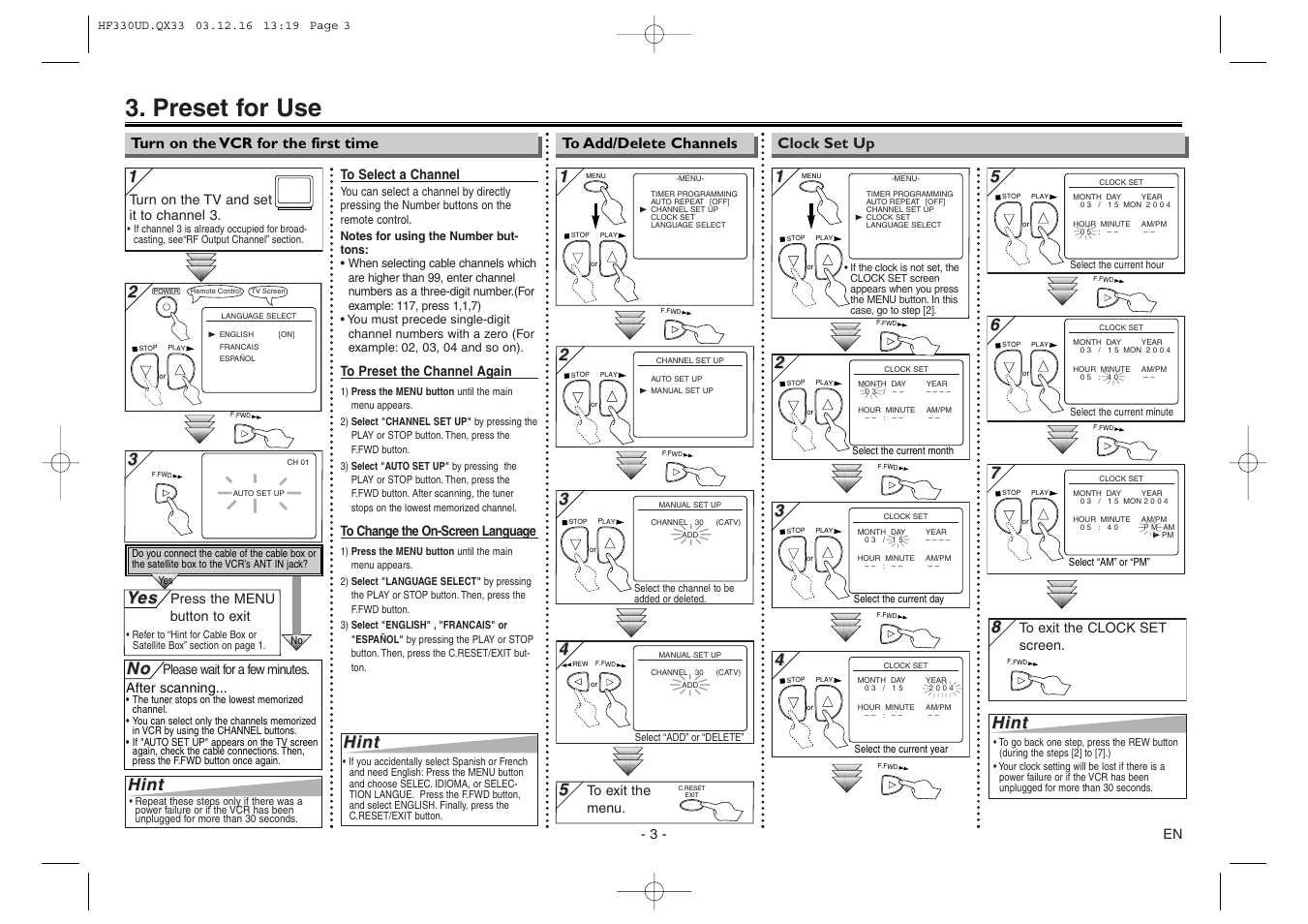 Preset for use, Hint, Yes es | Emerson EWV404 User Manual | Page 3 / 8
