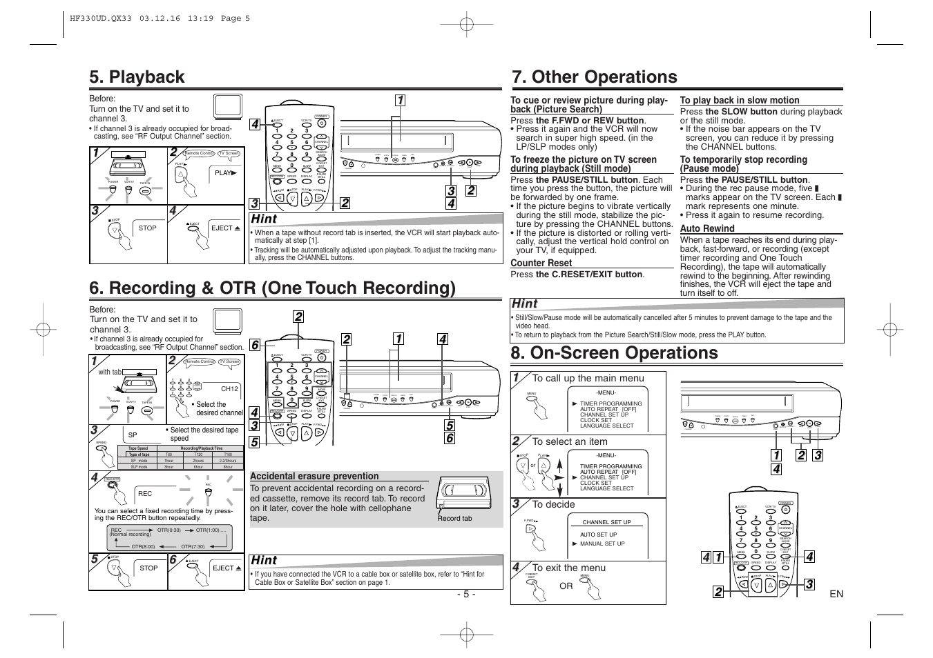 On-screen operations, Recording & otr (one touch recording), Playback | Other operations, Channel, 4hint hint, Hint | Emerson EWV404 User Manual | Page 5 / 8