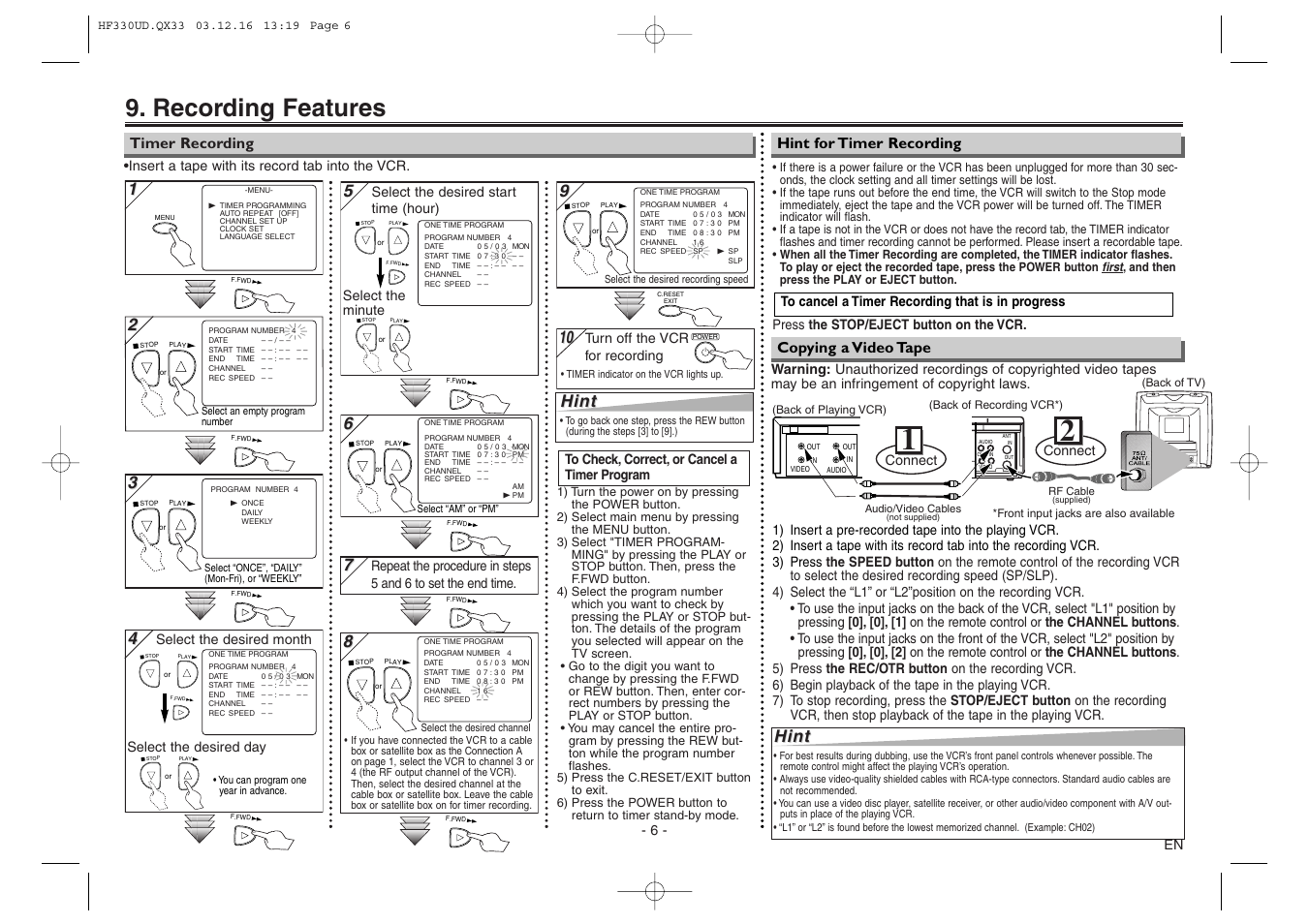 Recording features, Hint | Emerson EWV404 User Manual | Page 6 / 8