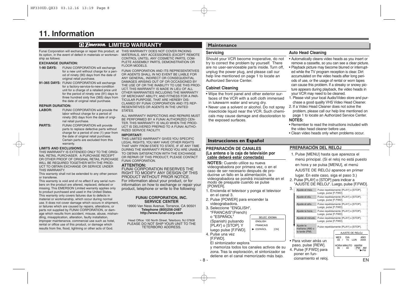 Information, Limited warranty, Maintenance instrucciones en español | Emerson EWV404 User Manual | Page 8 / 8