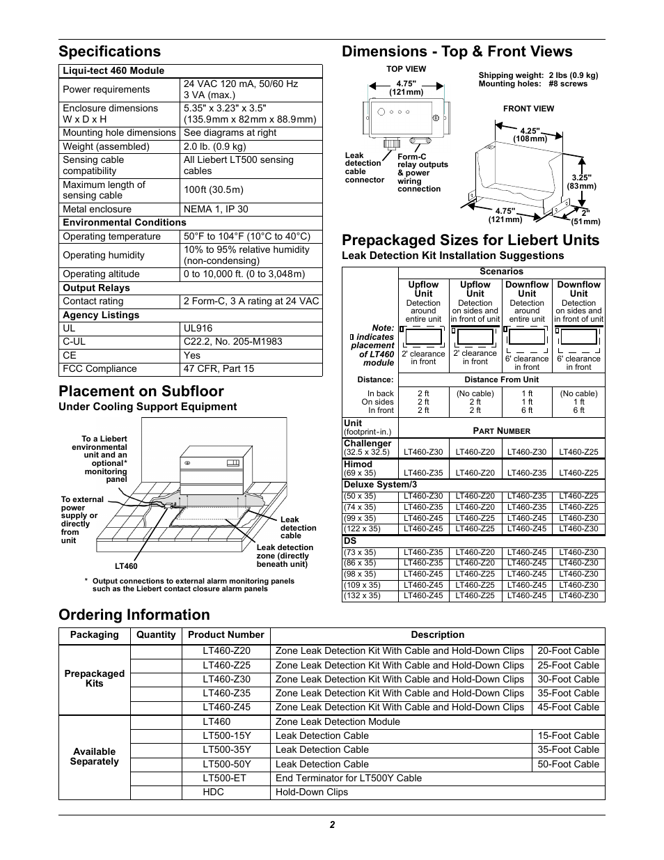 Specifications, Placement on subfloor, Under cooling support equipment | Dimensions - top & front views, Prepackaged sizes for liebert units, Leak detection kit installation suggestions, Ordering information, Specifications placement on subfloor | Emerson Liqui-tect 460 Kits User Manual | Page 2 / 4