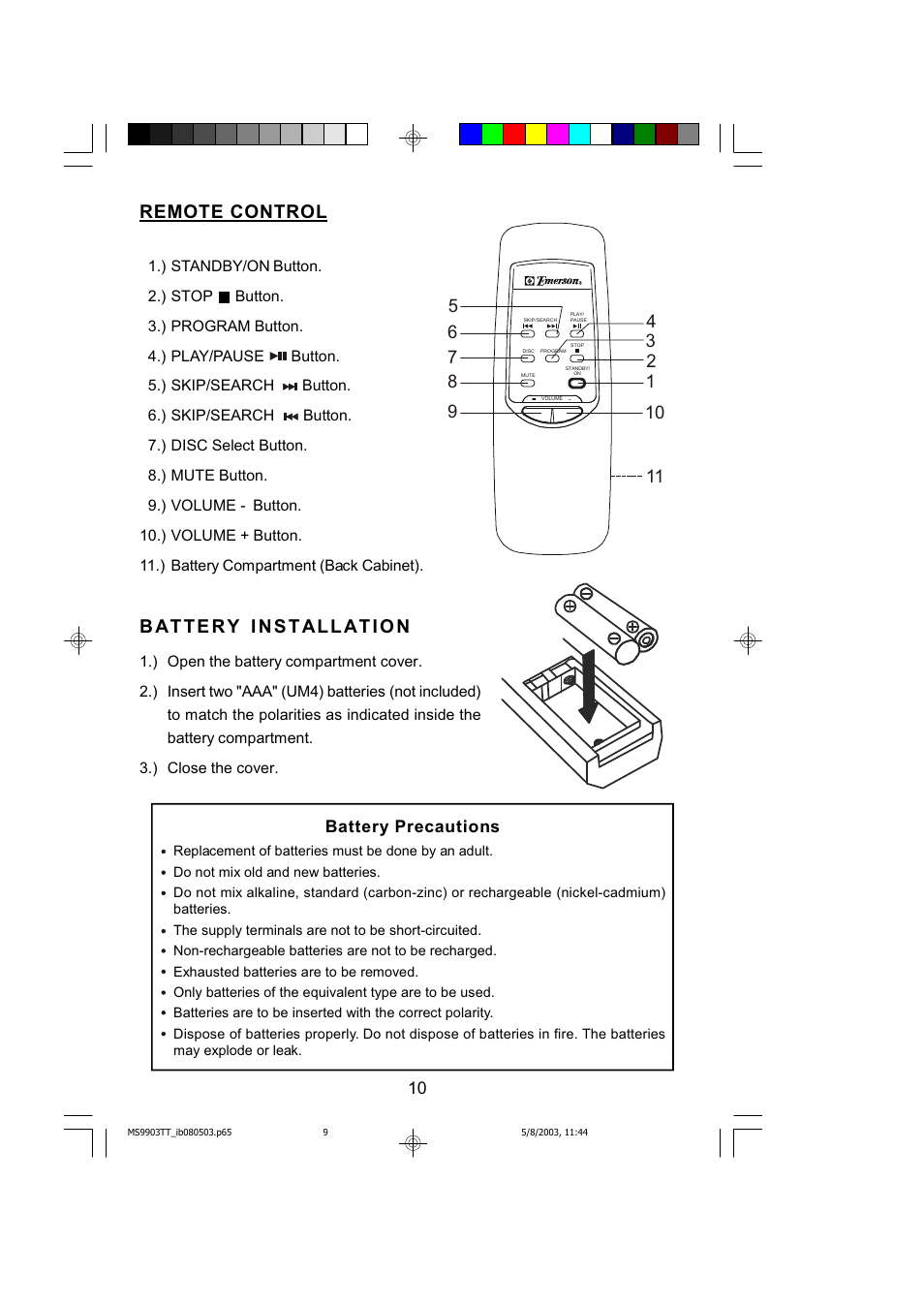 Remote control, Battery precautions | Emerson MS9904TTC User Manual | Page 11 / 30