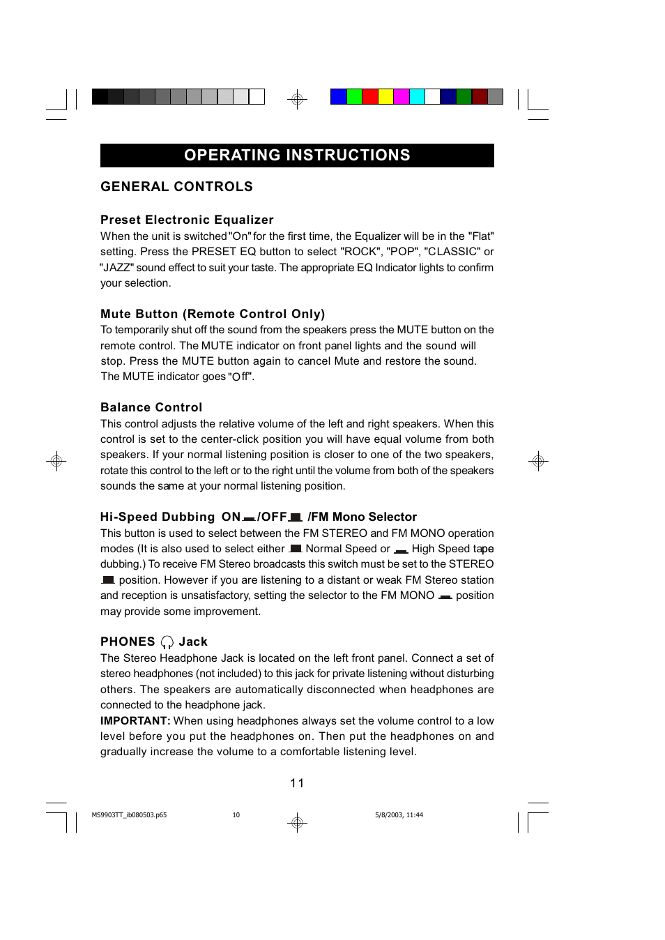 Operating instructions, General controls | Emerson MS9904TTC User Manual | Page 12 / 30
