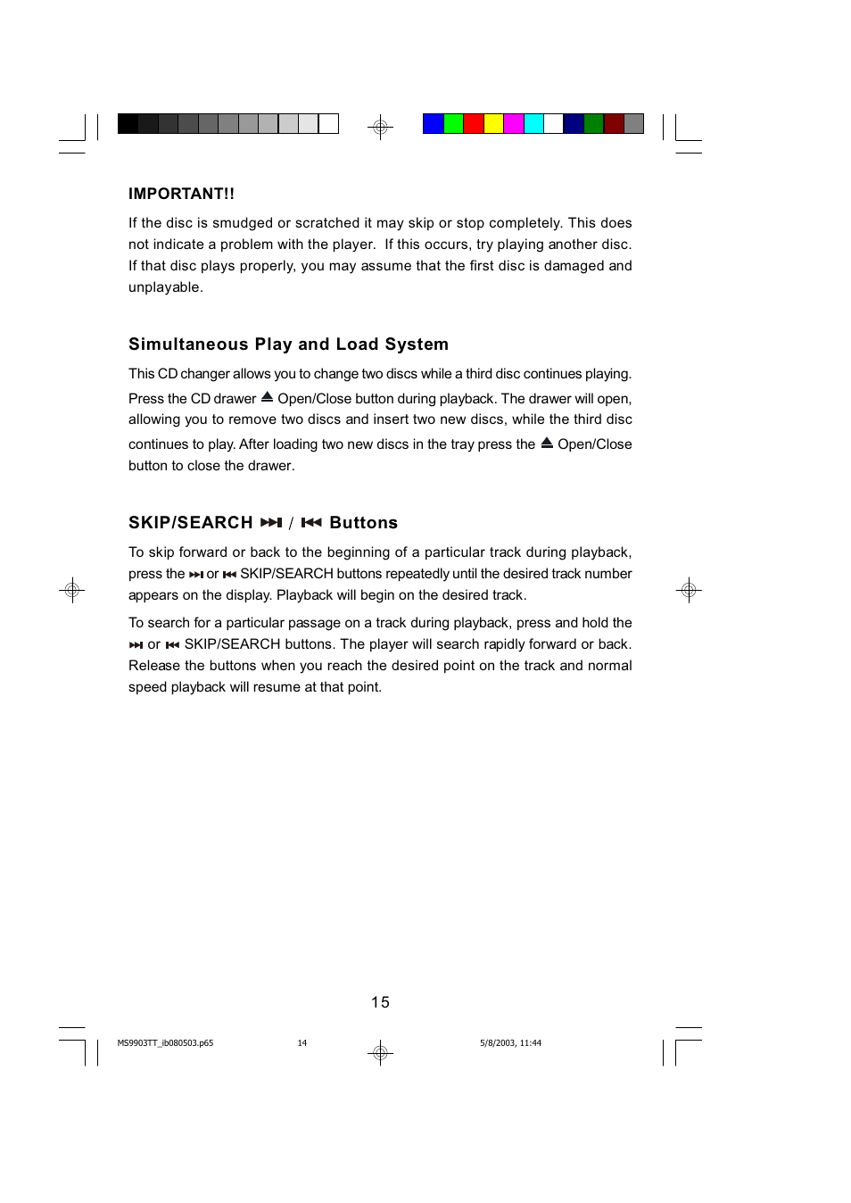 Simultaneous play and load system, Skip/search buttons s | Emerson MS9904TTC User Manual | Page 16 / 30
