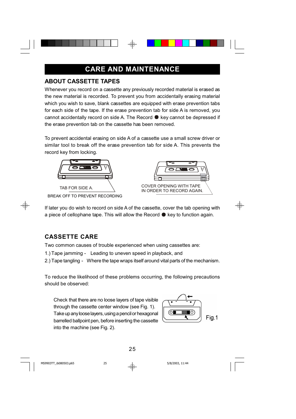 Care and maintenance, About cassette tapes, Cassette care | Emerson MS9904TTC User Manual | Page 26 / 30