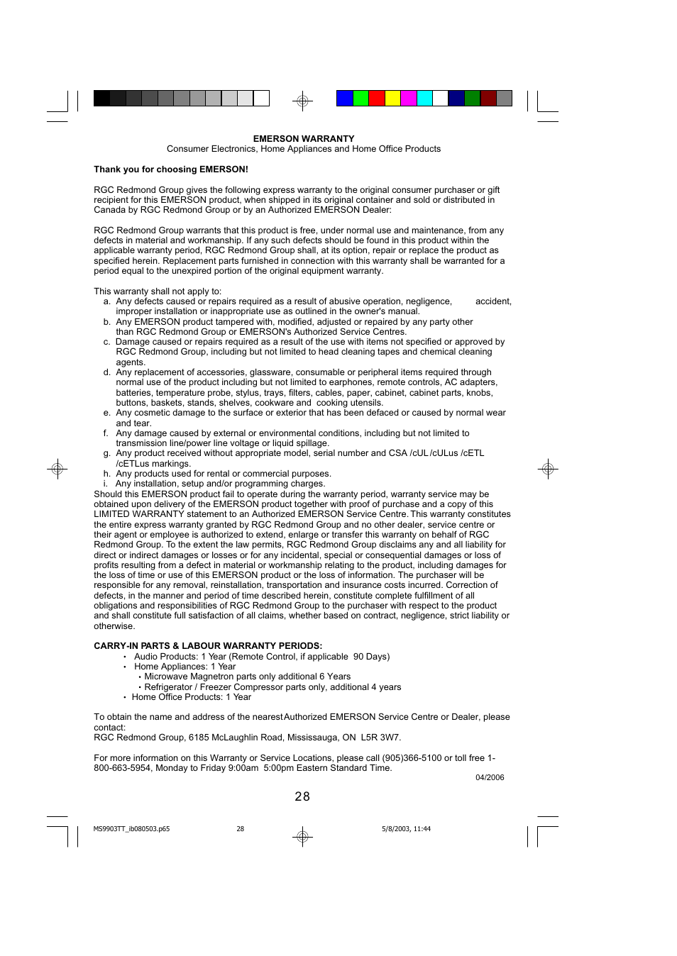 Emerson MS9904TTC User Manual | Page 29 / 30