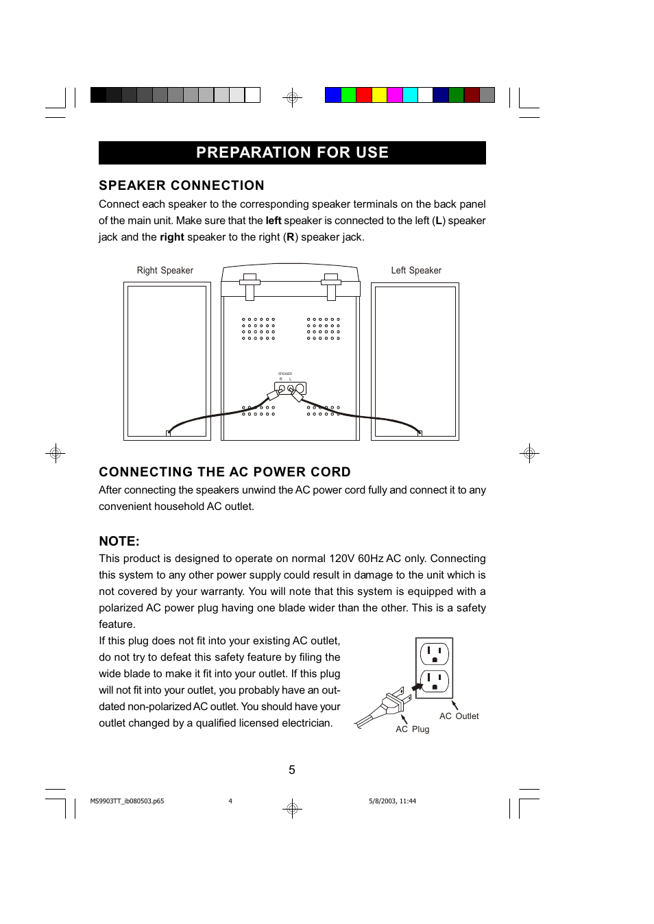 Preparation for use, Speaker connection, Connecting the ac power cord | Emerson MS9904TTC User Manual | Page 6 / 30