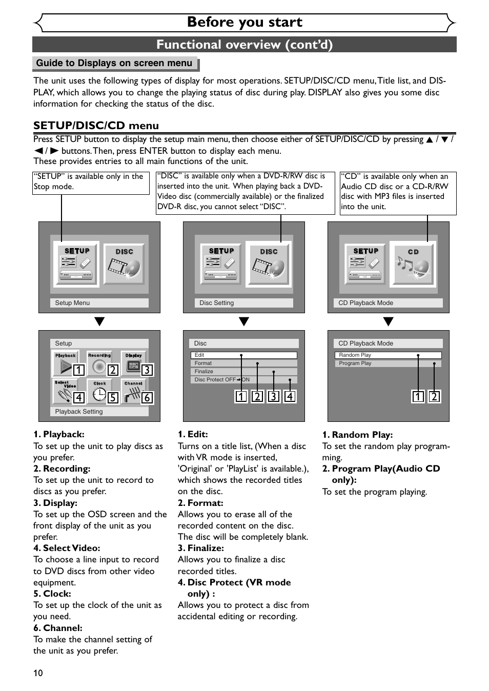 Before you start, Functional overview (cont’d), Setup/disc/cd menu | Emerson EWR20V4 User Manual | Page 10 / 108