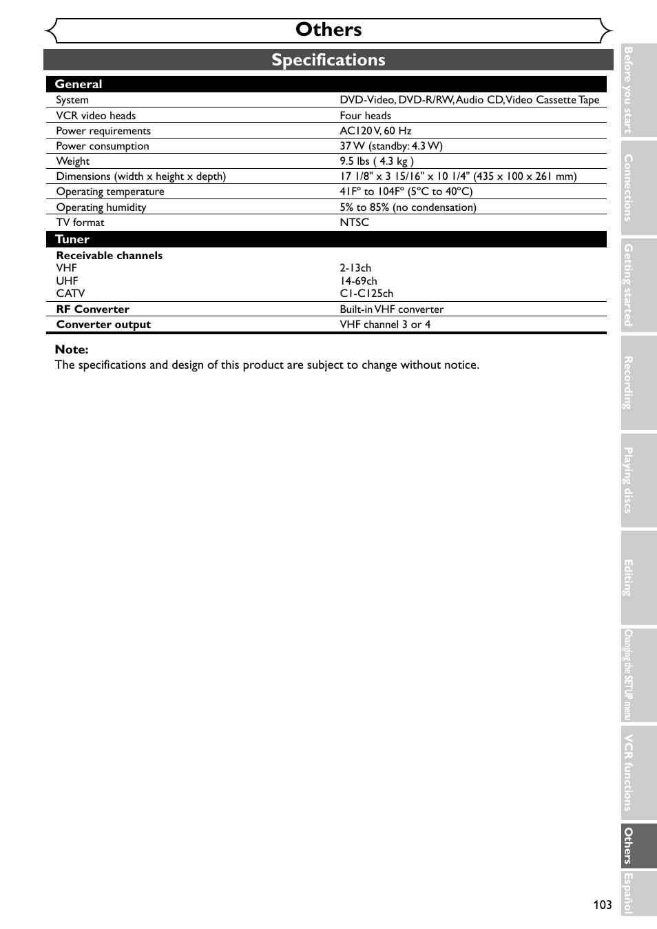 Others, Specifications | Emerson EWR20V4 User Manual | Page 103 / 108