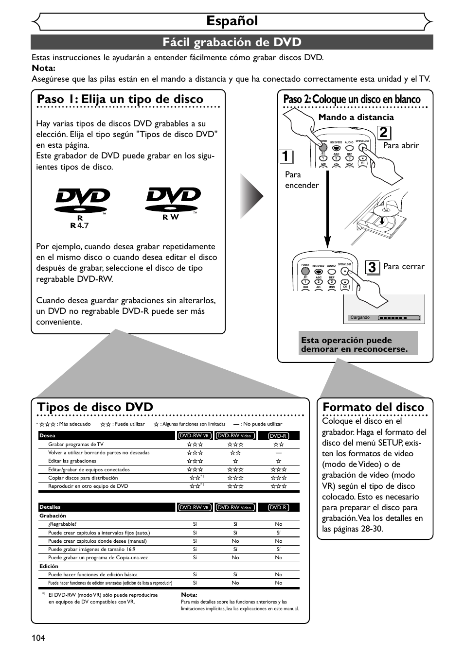 Español, Fácil grabación de dvd, Paso 1: elija un tipo de disco | Paso 2:coloque un disco en blanco, Formato del disco, Tipos de disco dvd, Mando a distancia para abrir para cerrar, Para encender, Esta operación puede demorar en reconocerse | Emerson EWR20V4 User Manual | Page 104 / 108