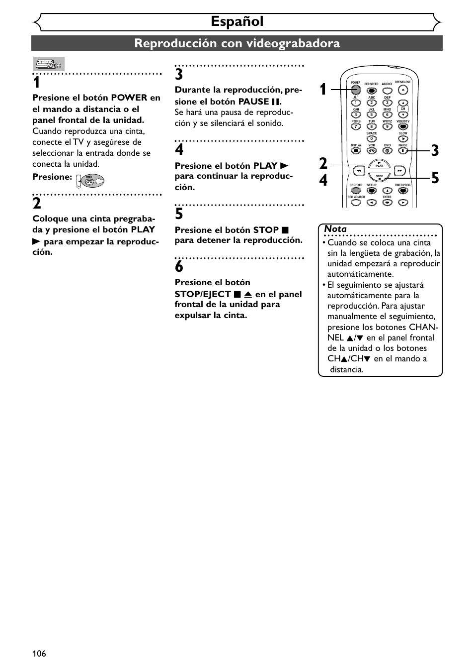 Español, Reproducción con videograbadora, Nota | Emerson EWR20V4 User Manual | Page 106 / 108