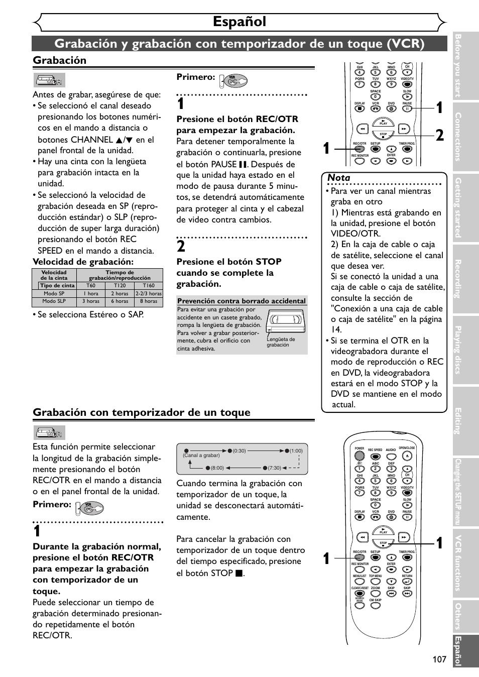 Español, Grabación con temporizador de un toque, Grabación | Nota | Emerson EWR20V4 User Manual | Page 107 / 108