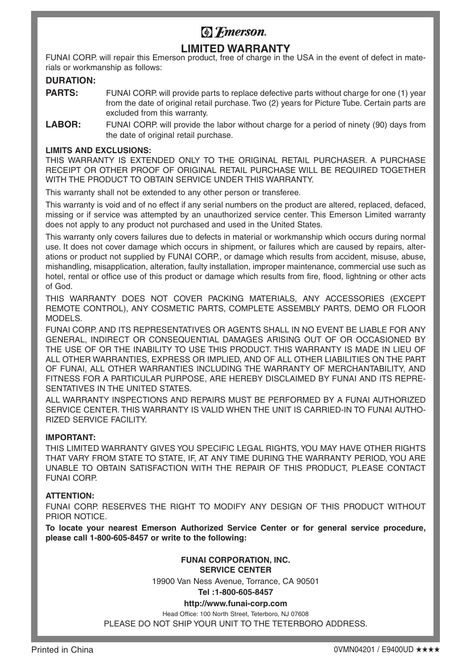 Limited warranty | Emerson EWR20V4 User Manual | Page 108 / 108