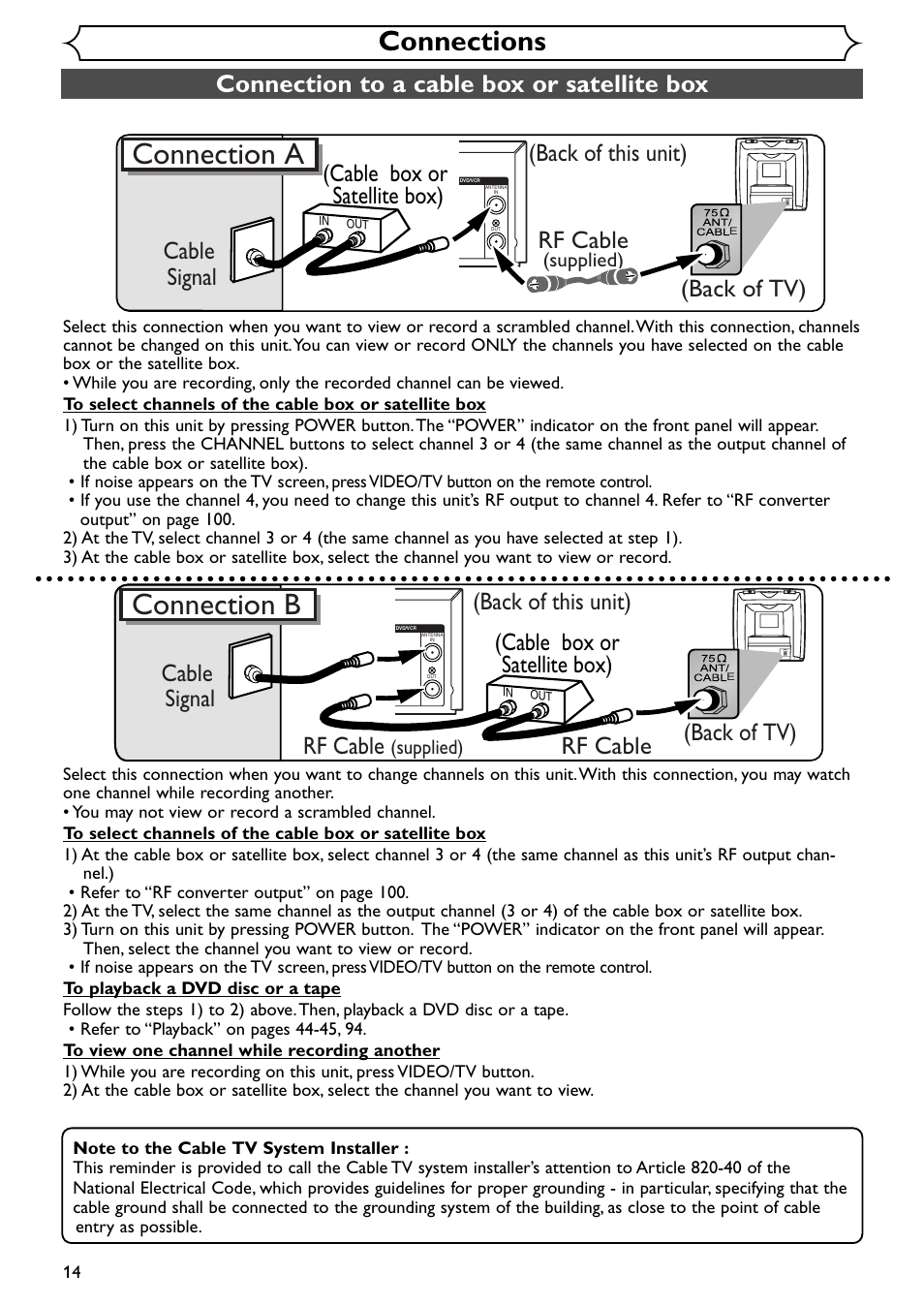 Connection a, Connection b, Connections | Rf cable, Back of this unit), Back of tv) cable signal, Rf cable (back of tv), Cable box or satellite box), Cable signal | Emerson EWR20V4 User Manual | Page 14 / 108