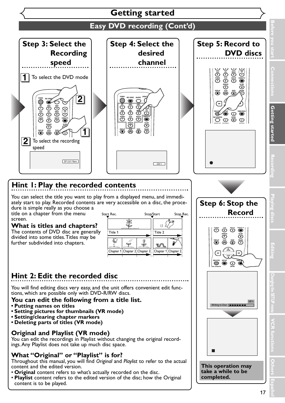 Getting started, Easy dvd recording (cont’d), Step 3: select the recording speed | Step 5: record to dvd discs, Step 4: select the desired channel, Step 6: stop the record, Hint 1: play the recorded contents, Hint 2: edit the recorded disc, What is titles and chapters, You can edit the following from a title list | Emerson EWR20V4 User Manual | Page 17 / 108