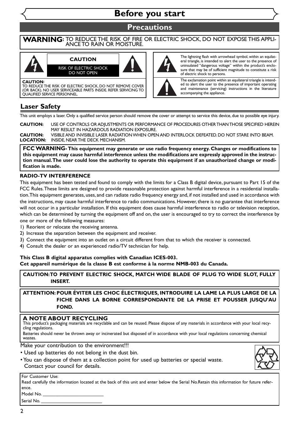 Before you start, Precautions, Warning | Laser safety | Emerson EWR20V4 User Manual | Page 2 / 108