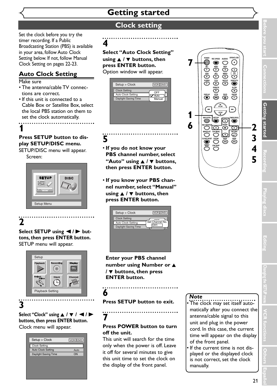 Getting started, Clock setting, Auto clock setting | Press setup button to exit | Emerson EWR20V4 User Manual | Page 21 / 108