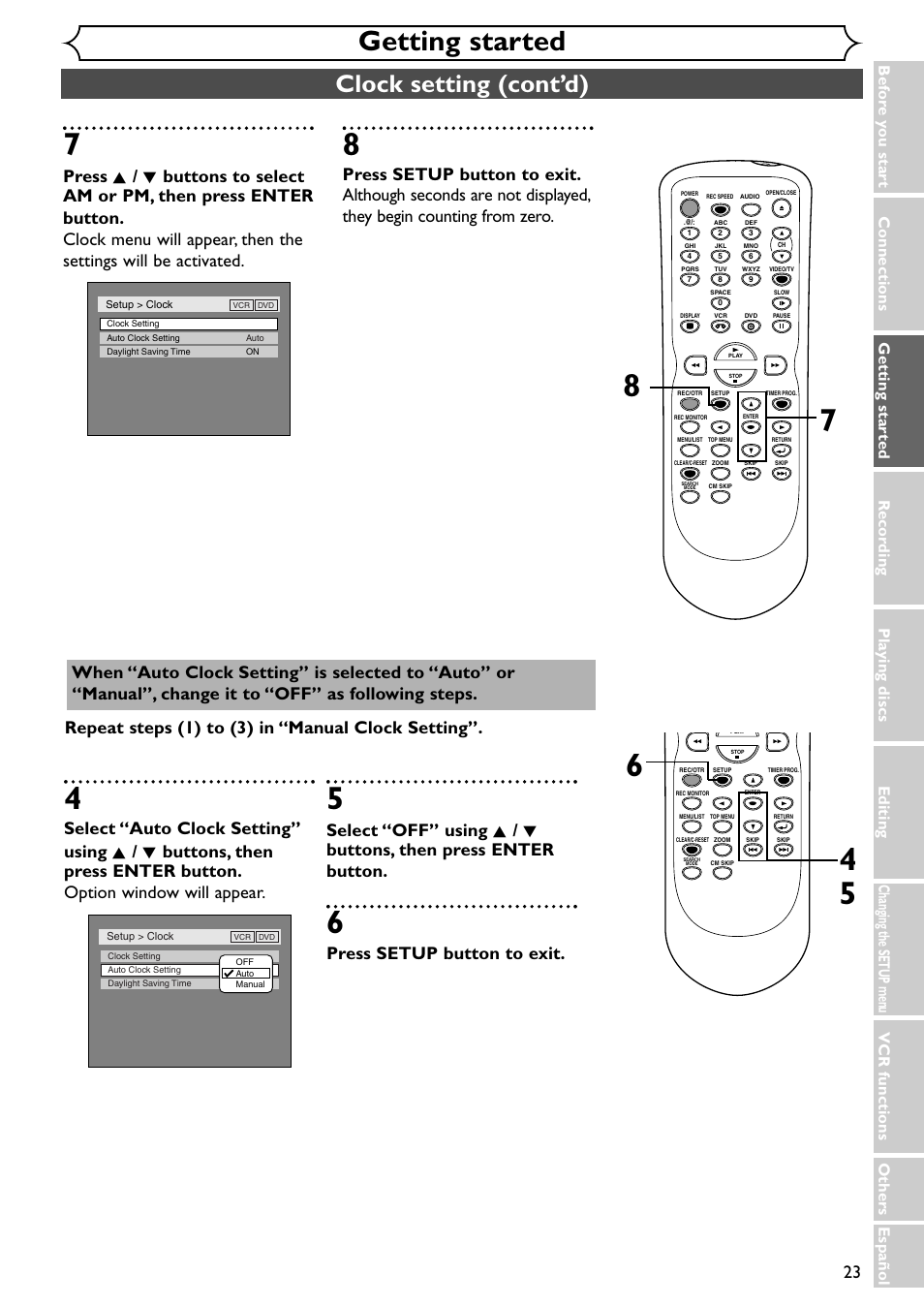 Getting started, Clock setting (cont’d), Press setup button to exit | Vcr functions others español | Emerson EWR20V4 User Manual | Page 23 / 108
