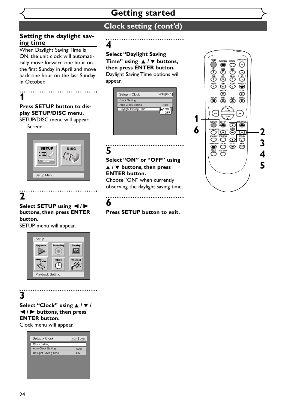 Getting started, Clock setting (cont’d), Setting the daylight sav- ing time | Press setup button to exit | Emerson EWR20V4 User Manual | Page 24 / 108