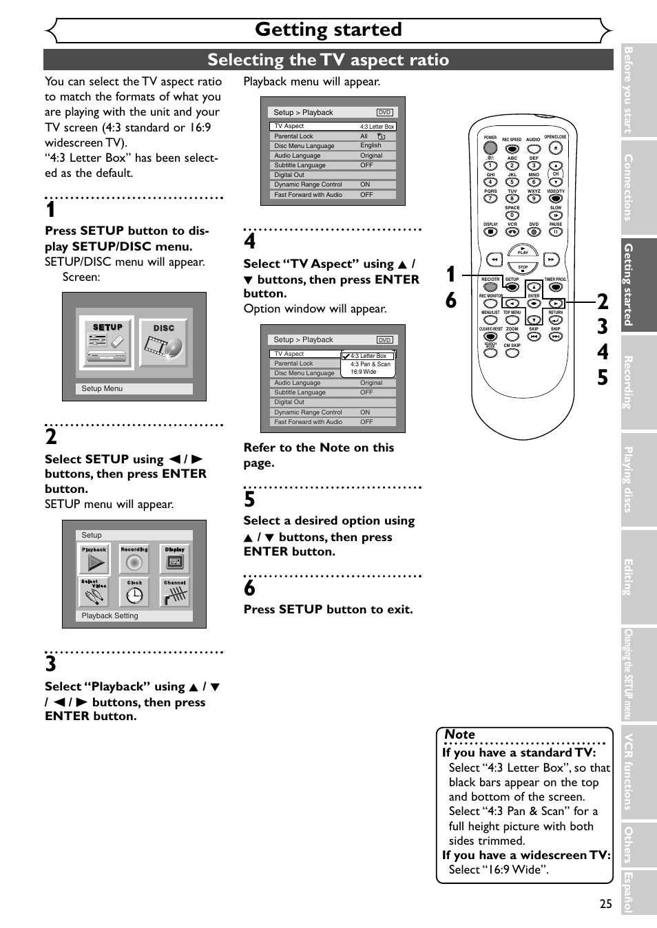 Getting started, Selecting the tv aspect ratio, Playback menu will appear | Press setup button to exit, Vcr functions others español | Emerson EWR20V4 User Manual | Page 25 / 108