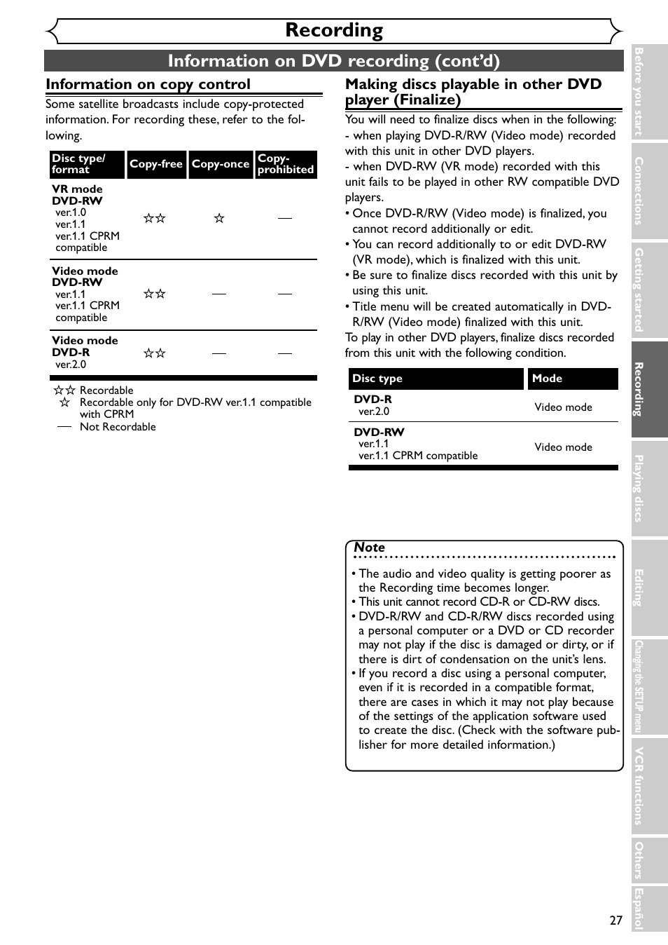 Recording, Information on dvd recording (cont’d), Information on copy control | Emerson EWR20V4 User Manual | Page 27 / 108