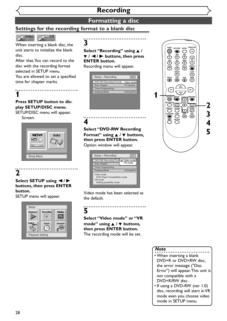 Recording, Formatting a disc, Settings for the recording format to a blank disc | Emerson EWR20V4 User Manual | Page 28 / 108