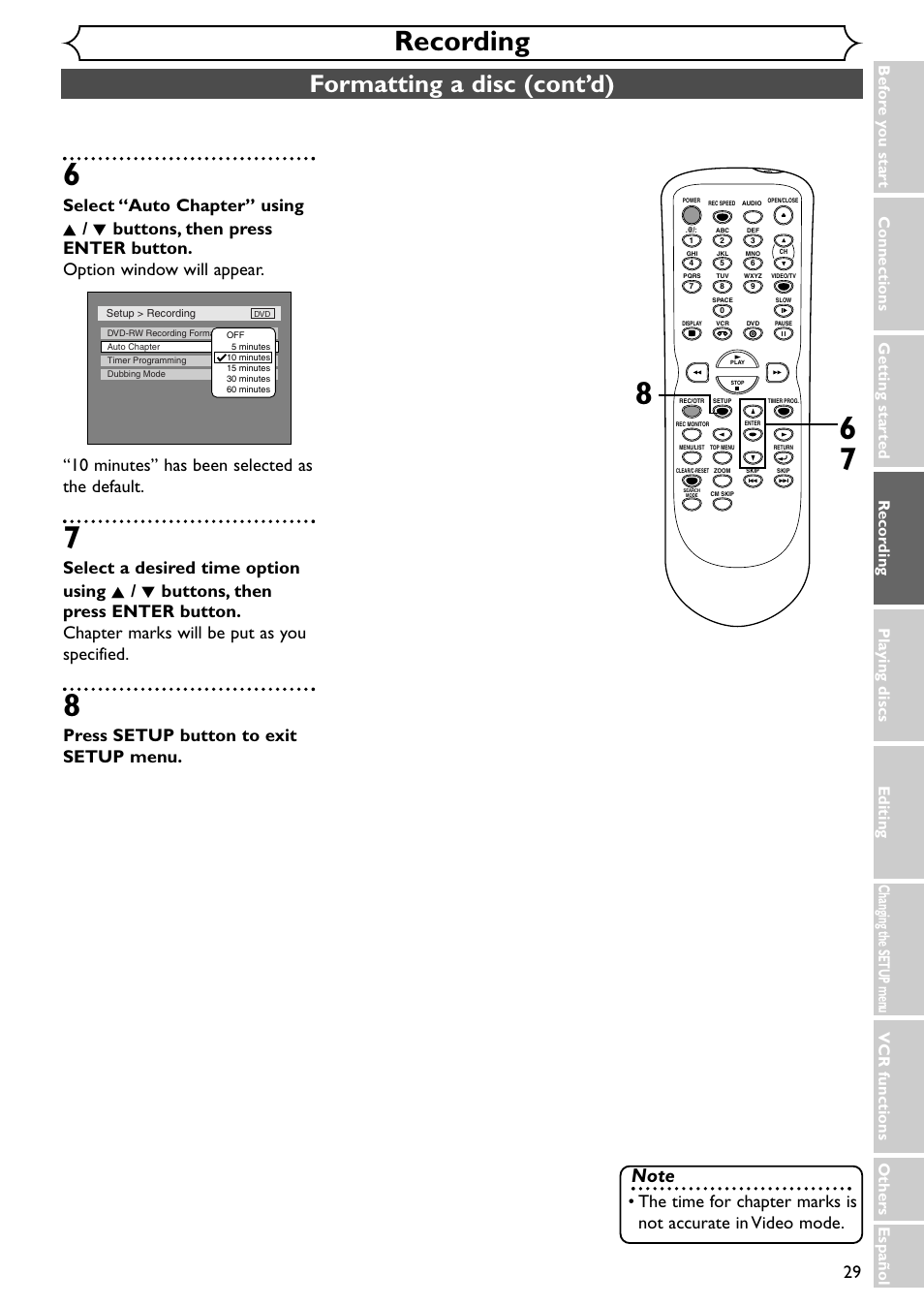 Recording, Formatting a disc (cont’d), Press setup button to exit setup menu | Vcr functions others español | Emerson EWR20V4 User Manual | Page 29 / 108