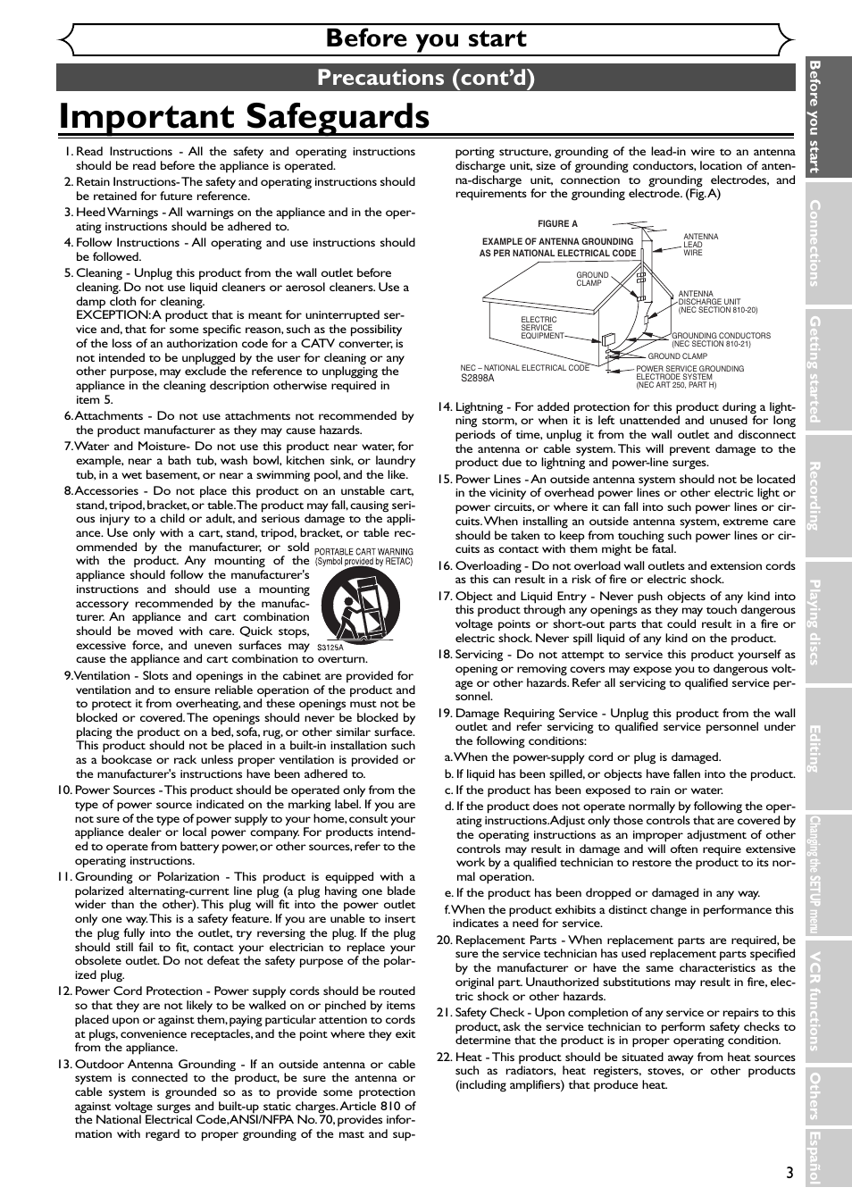 Important safeguards, Before you start, Precautions (cont’d) | Emerson EWR20V4 User Manual | Page 3 / 108